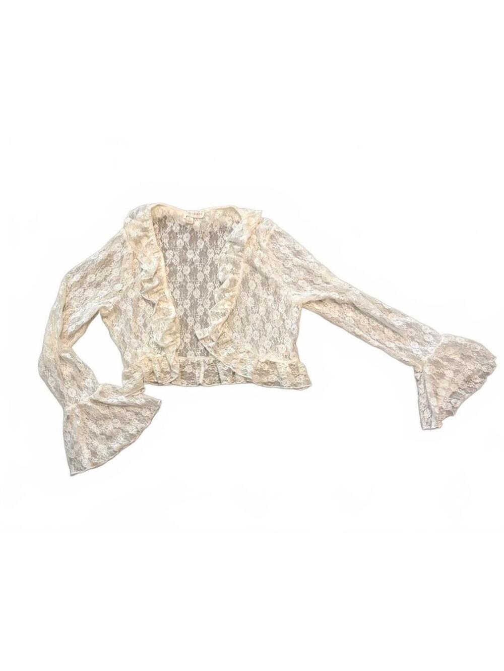 Ivory Lace Ruffle Bell Sleeve Crop Cardigan - Large